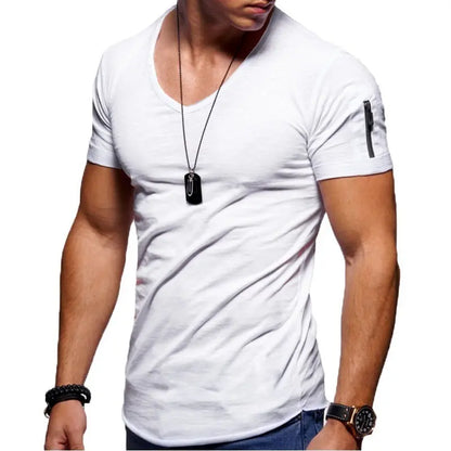 💪👔Tricou bărbătesc cu mânecă scurtă, în culoare uni, mulat și decolteu în V
