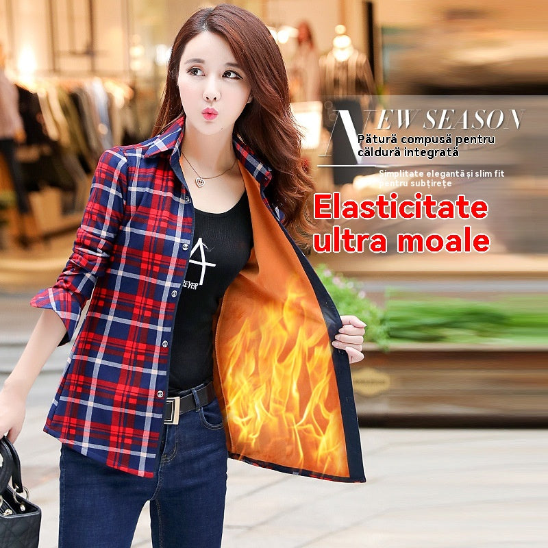 【Cumpără unul, primești unul gratuit】Cămașă de iarnă din fleece gros în carouri pentru femei, la modă și subțire, elasticitate ridicată