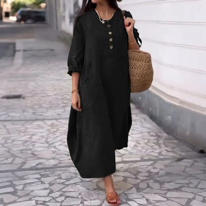 💃【40-120kg】Rochie de damă de vară, casual, de culoare uni, din bumbac și in, cu decolteu rotund