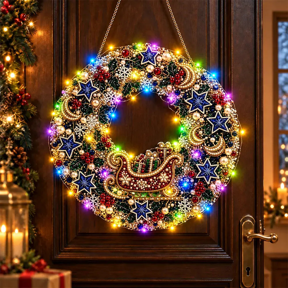 🎄 Coroniță DIY de Crăciun cu Diamante, Perle și Lumini LED! Placă Acrilică Rezistentă · 9 Modele Festive · Decor Perfect pentru Uși, Pereți și Fereastră · Cadou Creat cu Suflet!