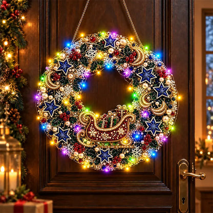 🎄 Coroniță DIY de Crăciun cu Diamante, Perle și Lumini LED! Placă Acrilică Rezistentă · 9 Modele Festive · Decor Perfect pentru Uși, Pereți și Fereastră · Cadou Creat cu Suflet!