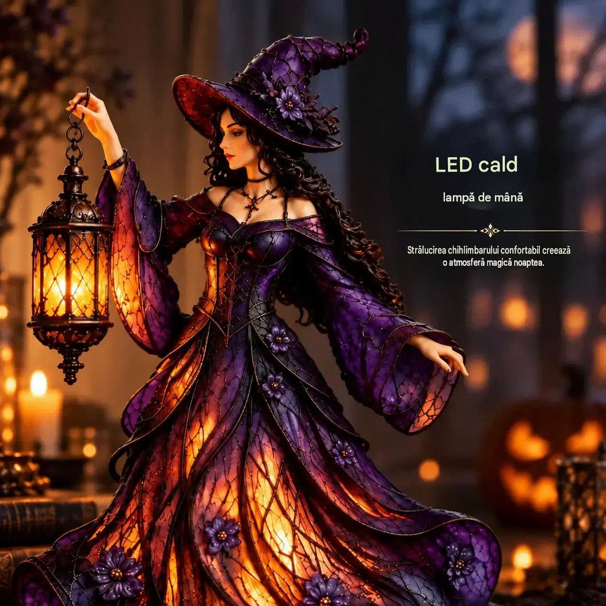 🧙‍♀️ Figurină gotică de vrăjitoare pentru Halloween, cu felinar LED 🧙‍♀️