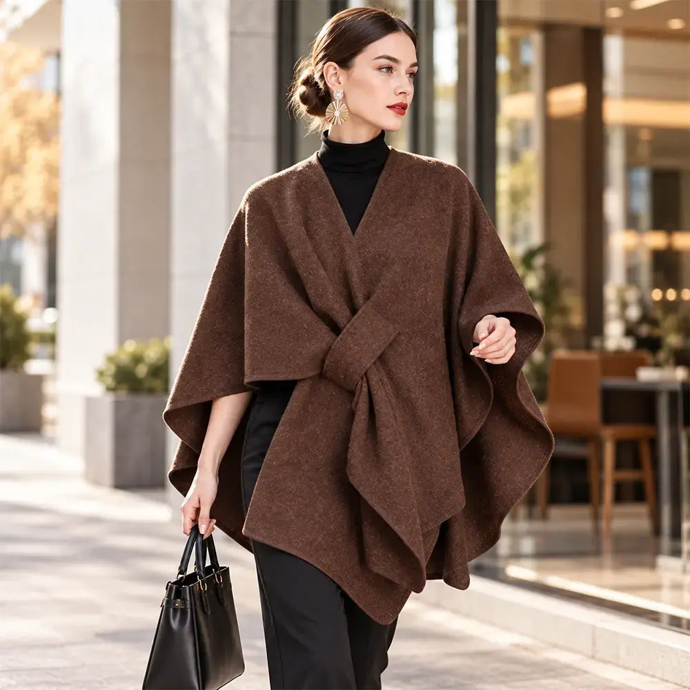 🧥 Șal tip Poncho Multifuncțional din Stofă pentru Toamnă-Iarnă! Design Elegant cu Prindere Suprapusă · Stil Versatil · Călduros și Confortabil!