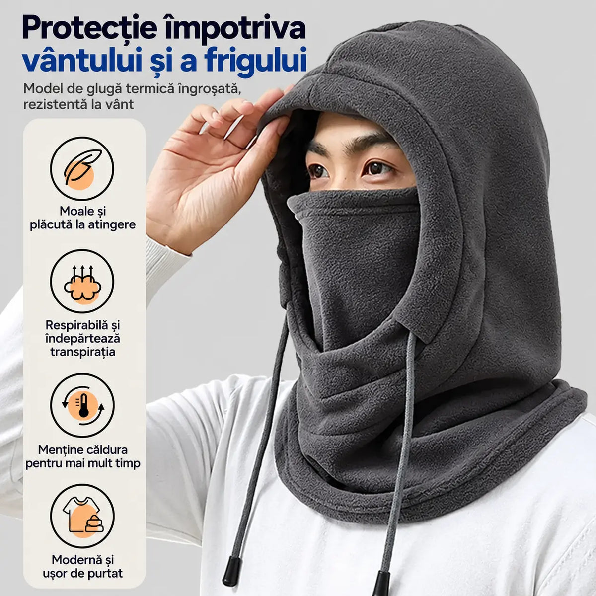 ❄️ Cagulă termică cu acoperire completă și căptușeală din fleece, concepută pentru protecție împotriva frigului chiar și la temperaturi de până la -20°C. ⛷️ Ideală pentru schi, motociclism și activități în aer liber