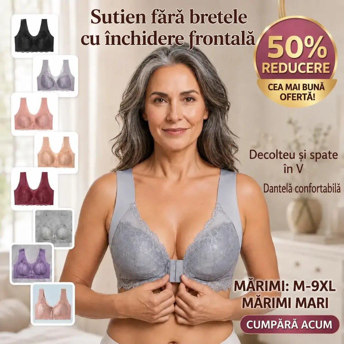 💖【Set de 5 bucăți】【40–100 kg】😍Sutien cu efect de susținere, spate delicat din dantelă, design potrivit pentru mărimi mari, închidere frontală