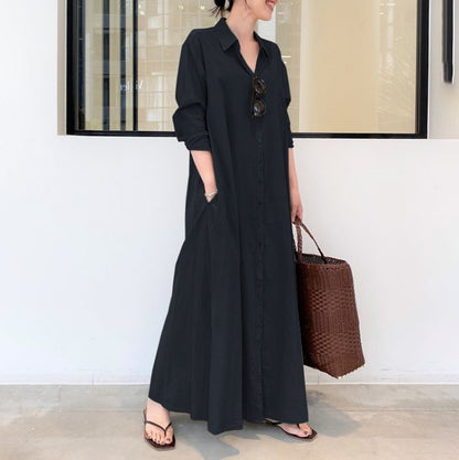 💖 Rochie-cămașă din bumbac și in, cu guler și mâneci lungi cu buzunare, stil simplu, lejer și casual.