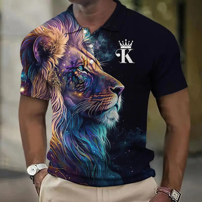 🦁【S-6XL】Tricou polo nou pentru bărbați, cu imprimeu leu 3D, pentru vara anului 2026.