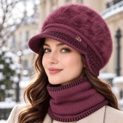 ❄️Ținută elegantă de iarnă, din două piese: Șapcă de baseball din amestec de blană de iepure cu apărători pentru urechi + eșarfă tricotată!