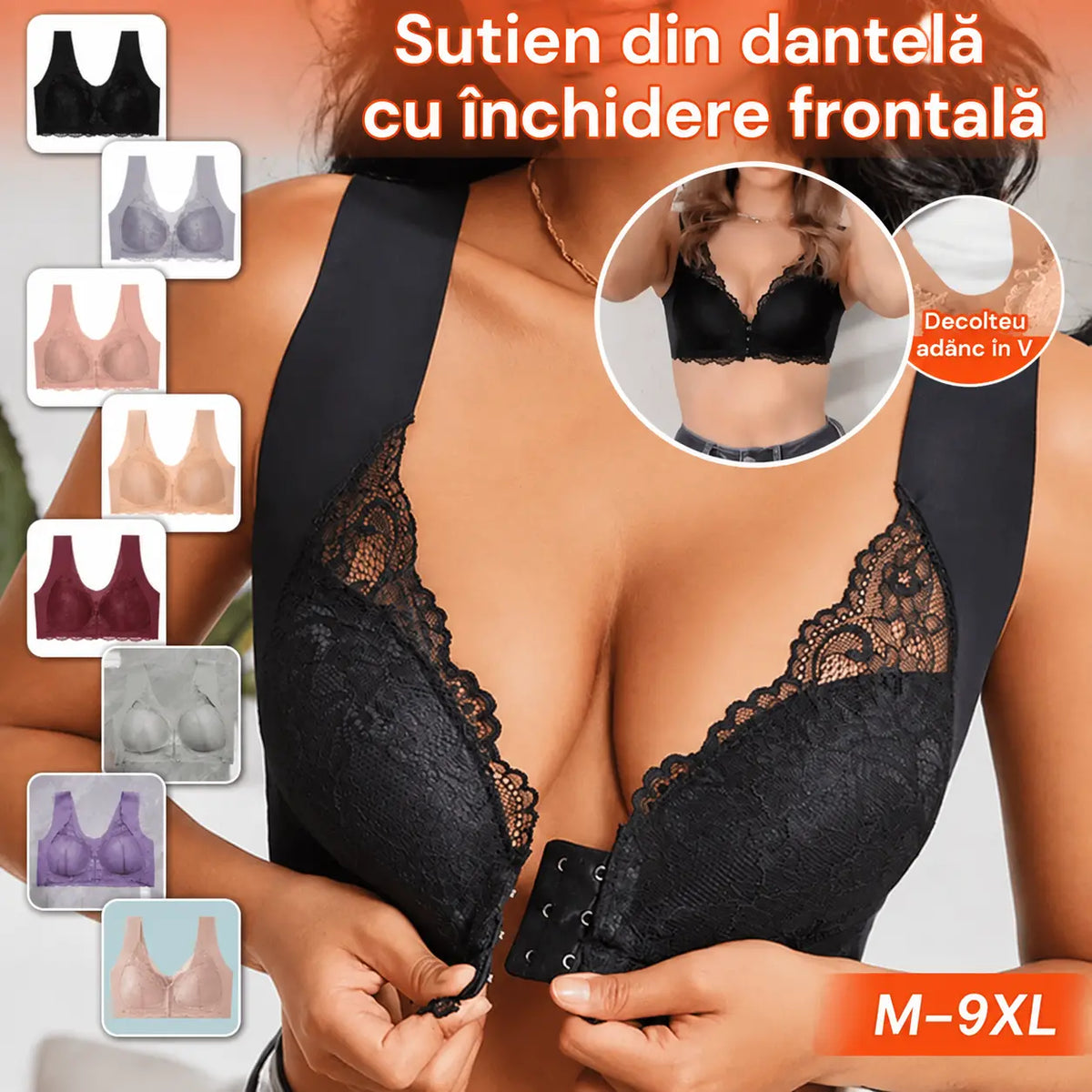💖【Set de 5 bucăți】【40–100 kg】😍Sutien cu efect de susținere, spate delicat din dantelă, design potrivit pentru mărimi mari, închidere frontală