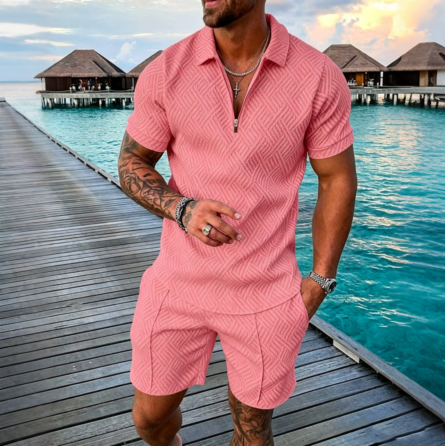 😎🔥【Top + Pantaloni】 (40-130 kg) Set de zi cu zi format din tricou polo cu fermoar și imprimeu 3D pentru bărbați