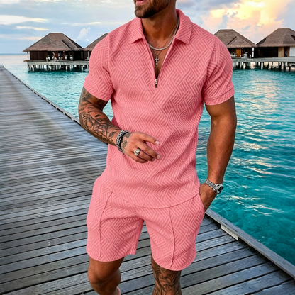 😎🔥【Top + Pantaloni】 (40-130 kg) Set de zi cu zi format din tricou polo cu fermoar și imprimeu 3D pentru bărbați
