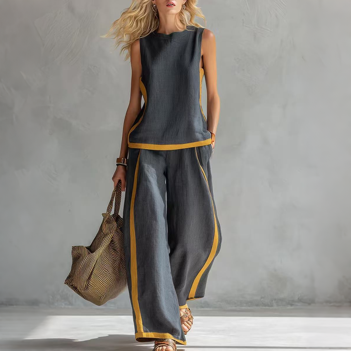 🔥😍【Top + Pantaloni】Set nou și modern din două piese pentru femei: top fără mâneci cu detalii contrastante și pantaloni cu croi larg
