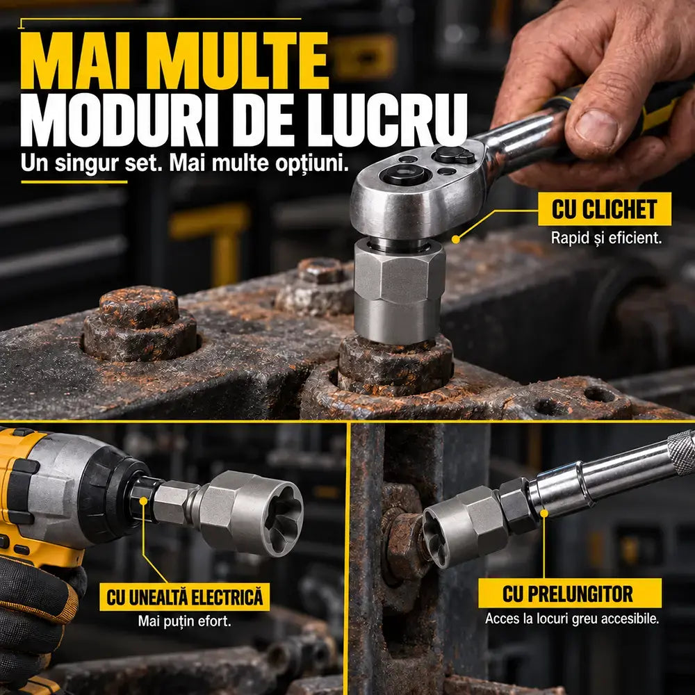 🛠️ O soluție profesională pentru șuruburi blocate! Set de extractoare pentru piulițe și șuruburi deteriorate (14 piese)! Oțel crom-molibden ultra-rezistent · Profil antiderapant · Include geantă de transport!