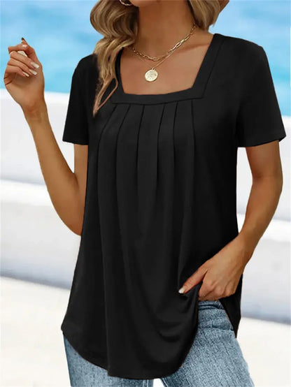 👚【40-120kg】Tricou de damă supradimensionat cu guler pătrat, mărime mare, mânecă scurtă