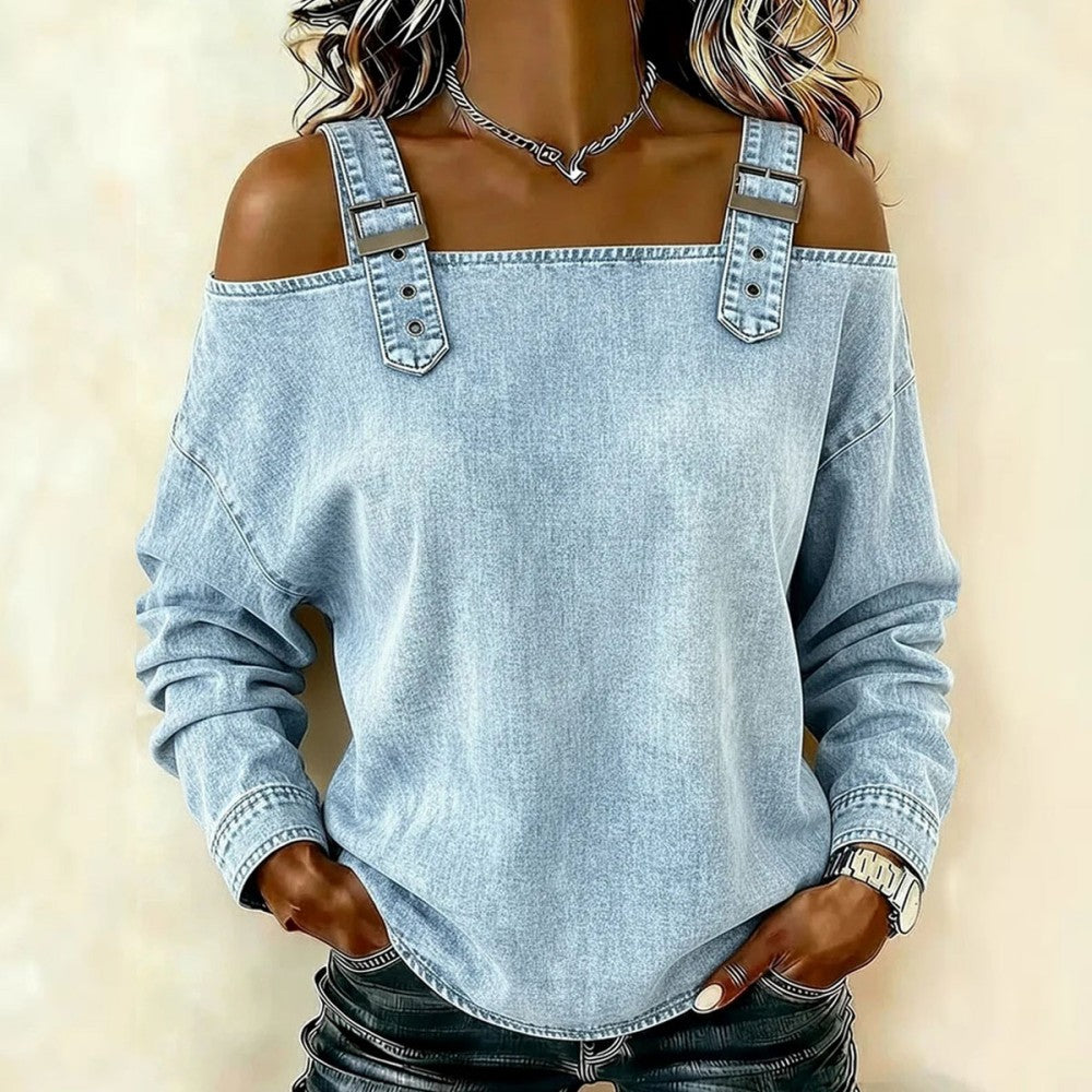 👘🔥Cămașă de damă din denim, cu umerii descheiați și mâneci lungi.