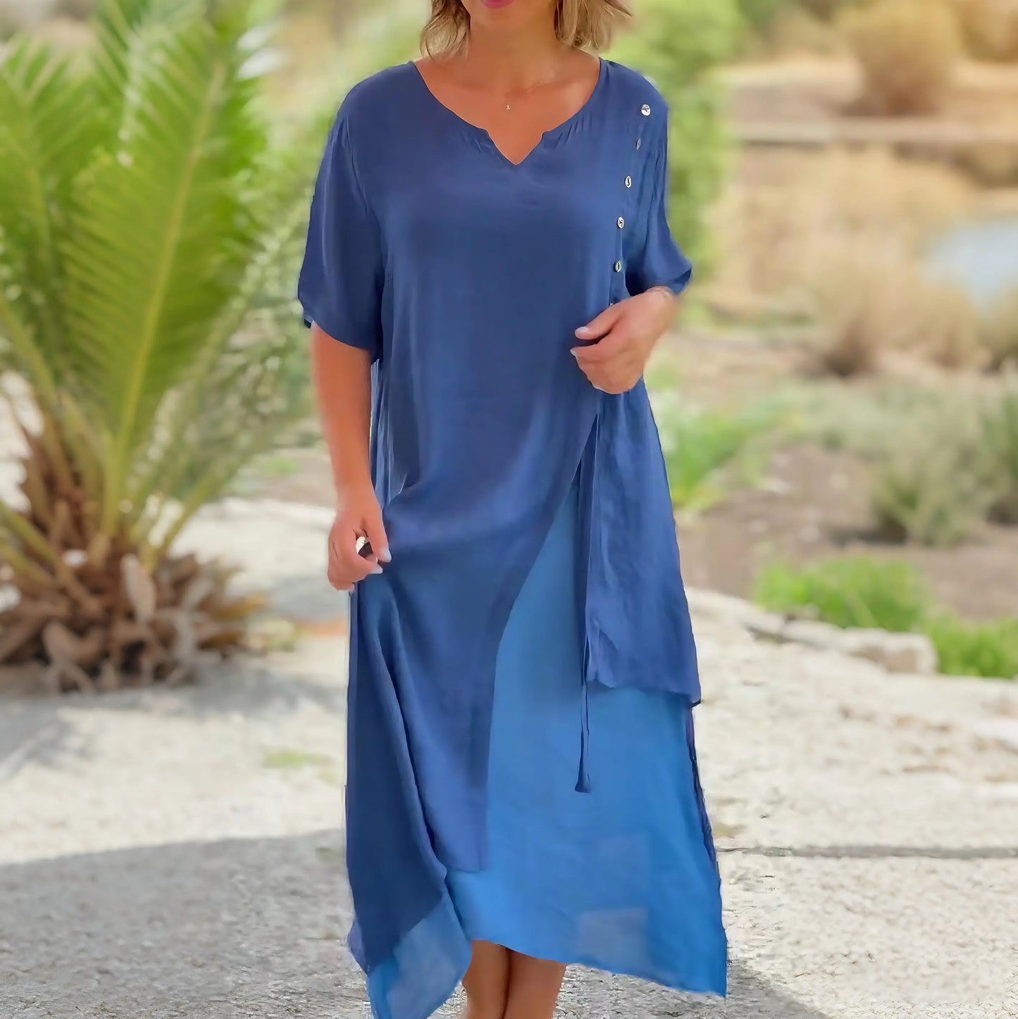 🎁【S-4XL】Rochie de lenjerie intimă din bumbac, la modă, cu decolteu în V, falsă, din două piese, neregulată, din două piese