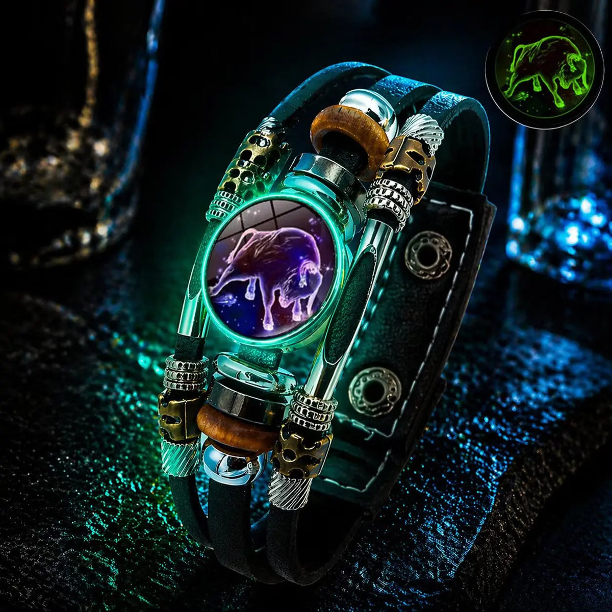 🌙 Brățară din piele luminoasă, cu simbol zodiacal – design împletit în 3 straturi, lungime reglabilă, unisex 💫✨