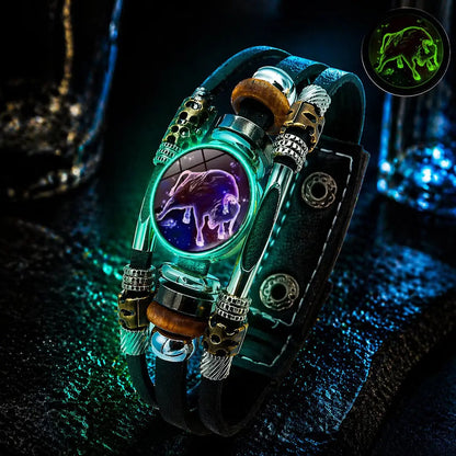 🌙 Brățară din piele luminoasă, cu simbol zodiacal – design împletit în 3 straturi, lungime reglabilă, unisex 💫✨