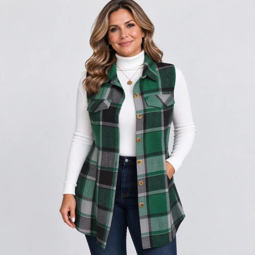 ✨【S-5XL】Vestă nouă de damă fără mâneci – în carouri, cu guler, lungime medie, mărimi mari.