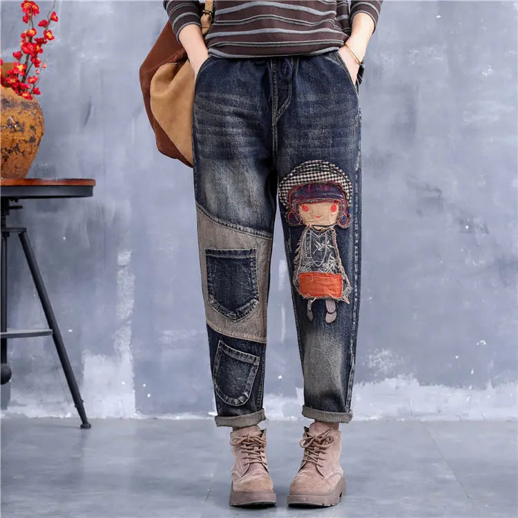 👖 Cele mai bine vândute🔥 Blugi casual cu broderie retro pentru femei, mărimi mari（40-120 kg）