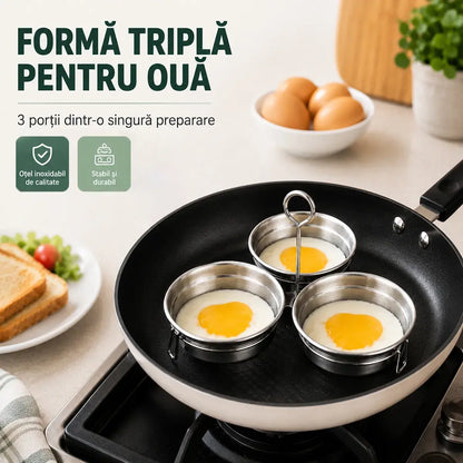 Formă din Oțel Inoxidabil pentru Ouă Ochiuri și Poșate – Set 3 Cavități cu Formă de Inimă / Cerc, Ideală pentru Micul Dejun, Budinci și Tarte 🍳🍳🍳