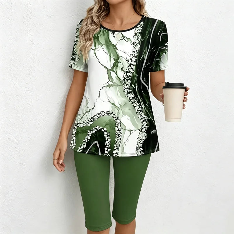 🎁【Tricou + pantaloni】Set casual din două piese pentru femei cu imprimeu marmorat, confecționat dintr-un material moale, respirabil și elastic