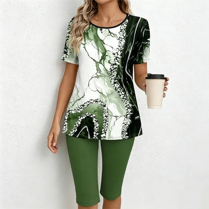 🎁【Tricou + pantaloni】Set casual din două piese pentru femei cu imprimeu marmorat, confecționat dintr-un material moale, respirabil și elastic
