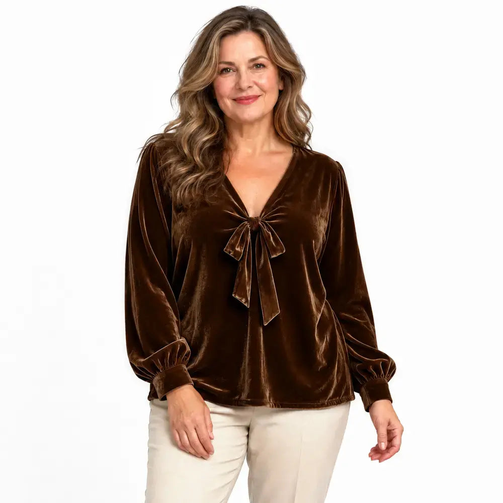 ✨ Nou stil pentru toamnă-iarnă – Top elegant din catifea, cu decolteu în V și detaliu cu legătură