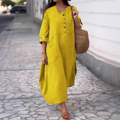 💃【40-120kg】Rochie de damă de vară, casual, de culoare uni, din bumbac și in, cu decolteu rotund