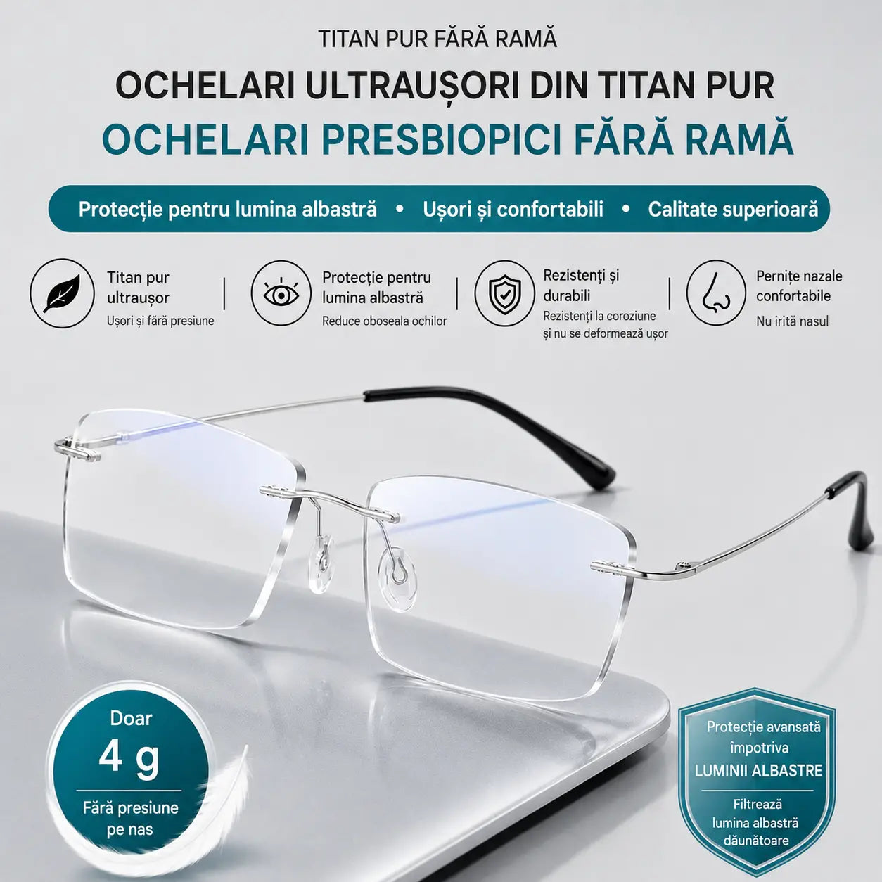 Ochelari profesionali de înaltă calitate, ultra-ușori, fără ramă, cu vedere clară și protecție împotriva luminii albastre - unisex