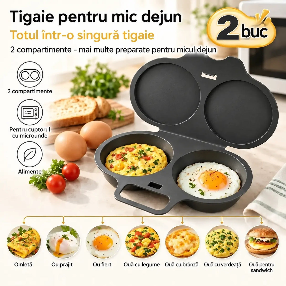 🎁 2 bucăți doar 129 lei 💥 Vas pentru gătit ouă la microunde: design cu două compartimente, antiaderent și ușor de curățat 🏠
