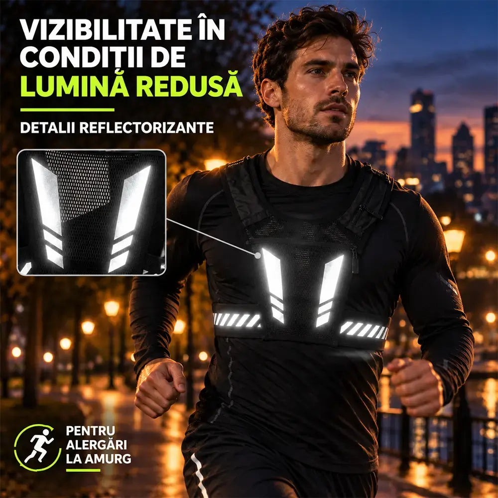 🏃 Vestă de Alergare și Sport cu Geantă pentru Piept · Buzunar cu Fermoar pentru Telefon · Suport Spate pentru Sticlă de Apă · Detalii Reflectorizante pentru Noapte · Plasă Respirabilă și Curele Reglabile!
