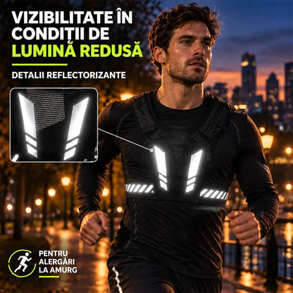 🏃 Vestă de Alergare și Sport cu Geantă pentru Piept · Buzunar cu Fermoar pentru Telefon · Suport Spate pentru Sticlă de Apă · Detalii Reflectorizante pentru Noapte · Plasă Respirabilă și Curele Reglabile!