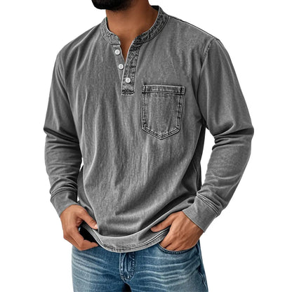 👔🔥Cămașă bărbătească din denim cu mâneci lungi și decolteu în V, cu buzunar