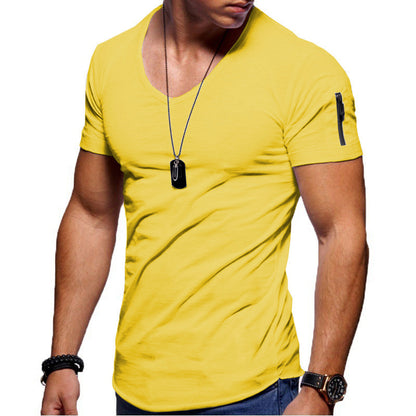 💪👔Tricou bărbătesc cu mânecă scurtă, în culoare uni, mulat și decolteu în V