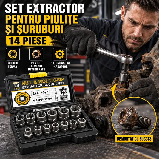 🛠️ O soluție profesională pentru șuruburi blocate! Set de extractoare pentru piulițe și șuruburi deteriorate (14 piese)! Oțel crom-molibden ultra-rezistent · Profil antiderapant · Include geantă de transport!