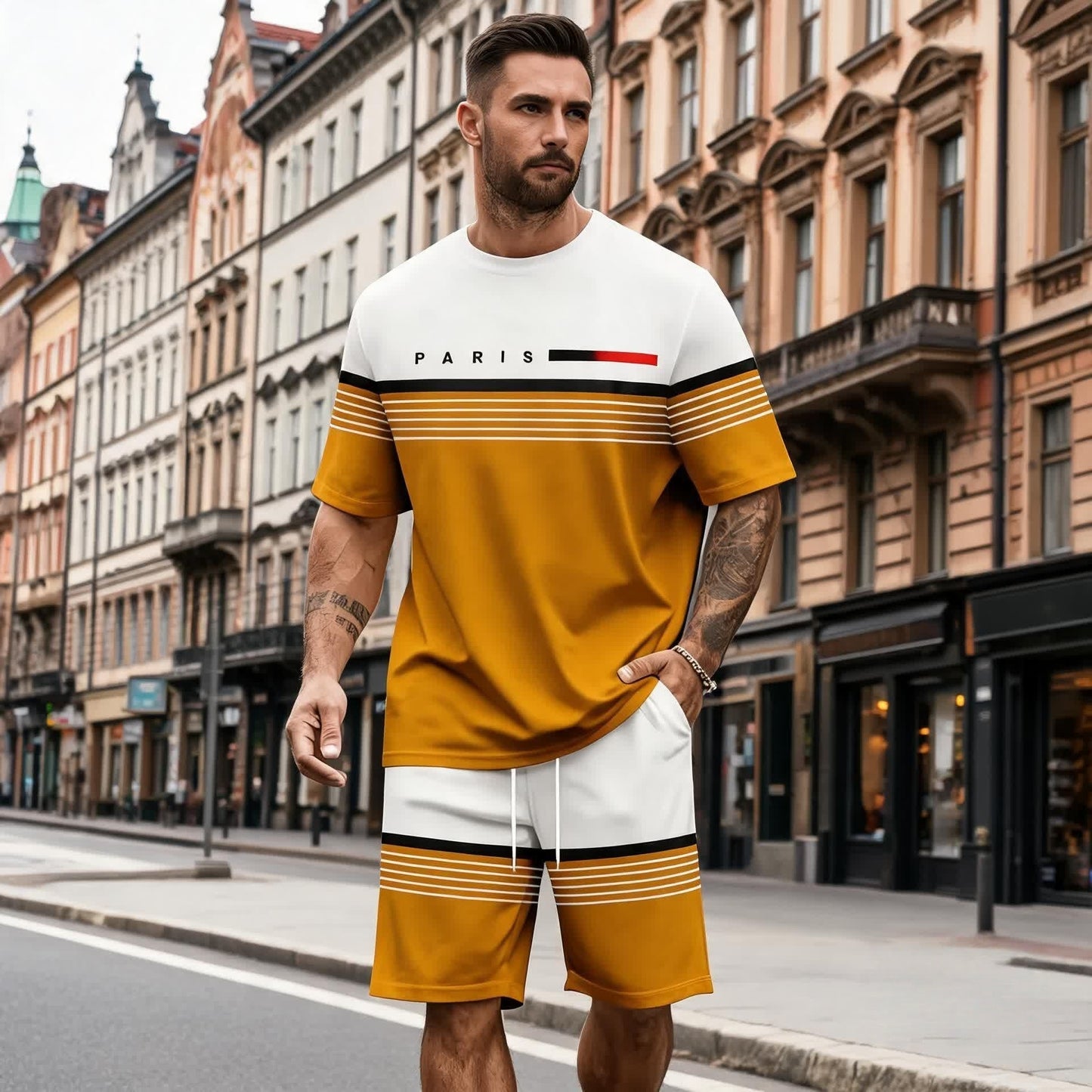 😍【S-6XL】(Bluză + Pantaloni) Set bărbătesc casual și confortabil, format din cămașă cu mânecă scurtă și pantaloni scurți cu imprimeu cu litere.