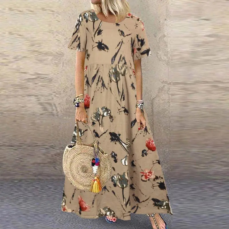 🌼【40-120 kg】Rochie retro pentru femei cu motiv floral, mâneci scurte și decolteu rotund, mărime mare