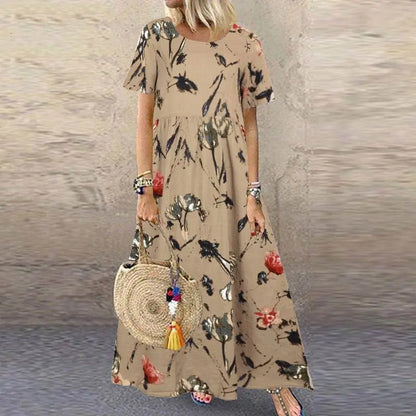 🌼【40-120 kg】Rochie retro pentru femei cu motiv floral, mâneci scurte și decolteu rotund, mărime mare