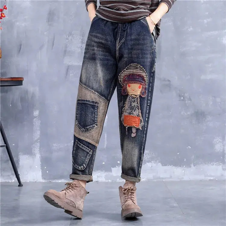 👖 Cele mai bine vândute🔥 Blugi casual cu broderie retro pentru femei, mărimi mari（40-120 kg）