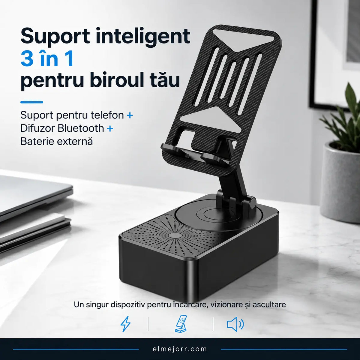 🔥 3 în 1: Difuzor Bluetooth + încărcător + suport pentru telefon 360° 📱🔊⚡