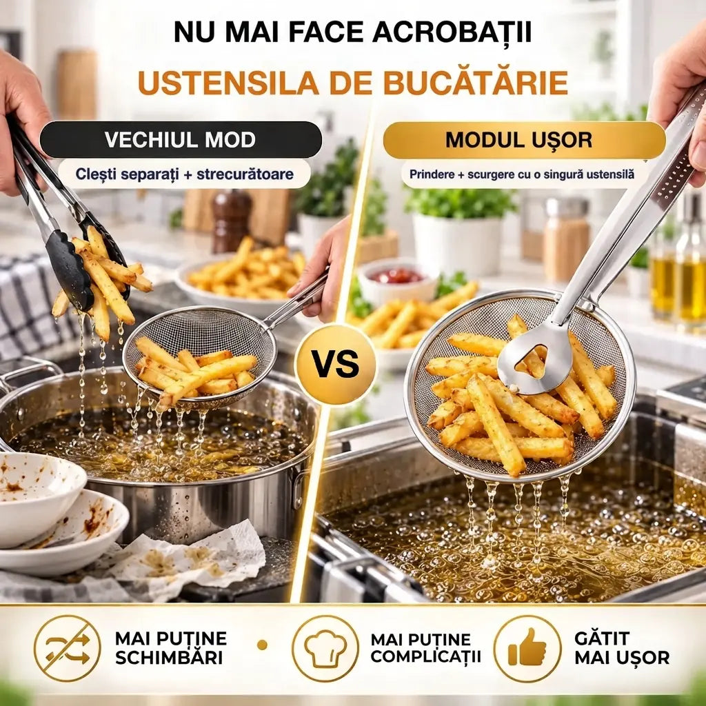 🍟🍗【3 bucăți la 139 lei【Cumperi 1, primești 2 gratuit】Ustensilă 2-în-1: Spumieră tip sită și clește – din oțel inoxidabil, pentru prăjire și scurgere
