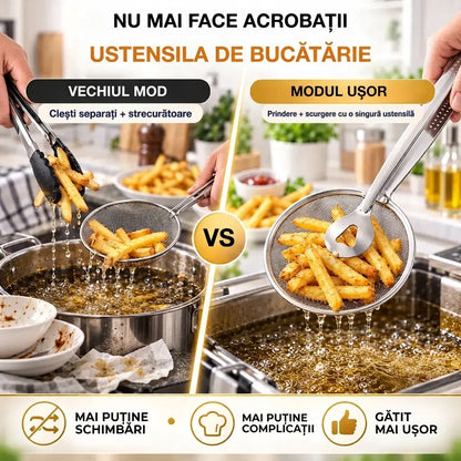 🍟🍗【3 bucăți la 139 lei【Cumperi 1, primești 2 gratuit】Ustensilă 2-în-1: Spumieră tip sită și clește – din oțel inoxidabil, pentru prăjire și scurgere