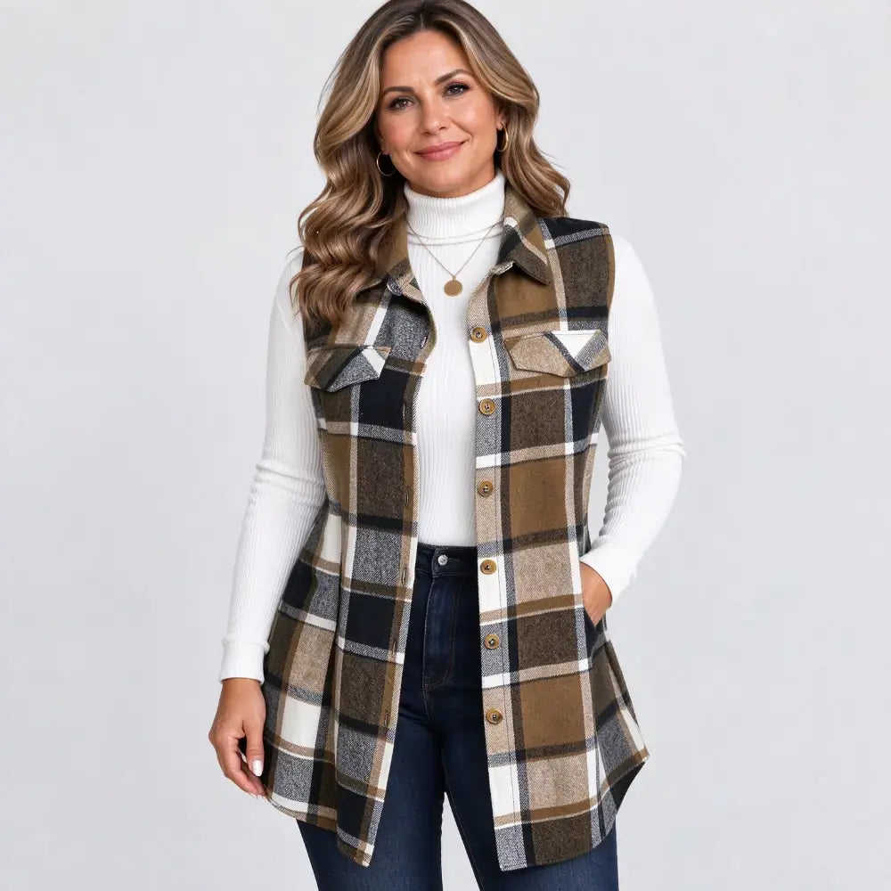 ✨【S-5XL】Vestă nouă de damă fără mâneci – în carouri, cu guler, lungime medie, mărimi mari.