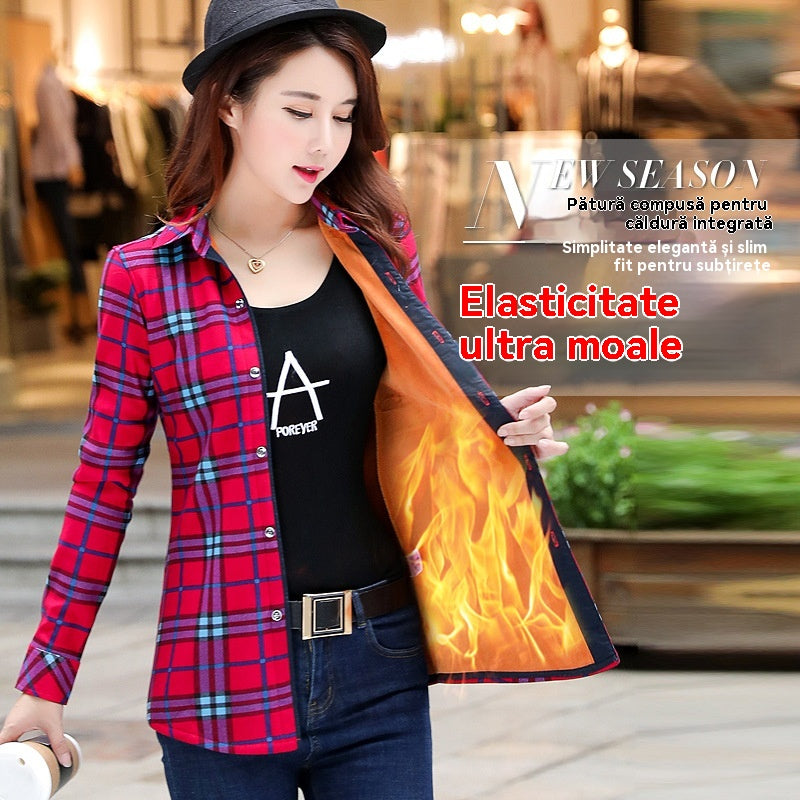【Cumpără unul, primești unul gratuit】Cămașă de iarnă din fleece gros în carouri pentru femei, la modă și subțire, elasticitate ridicată