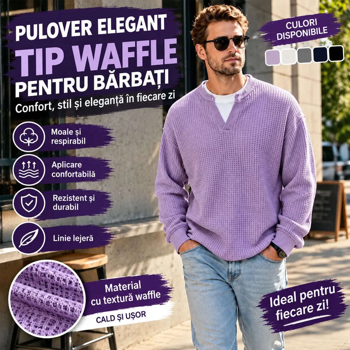 👚✨ Confort atemporal | Tricou bărbătesc cu mânecă lungă, textură tip fagure și efect de suprapunere a straturilor
