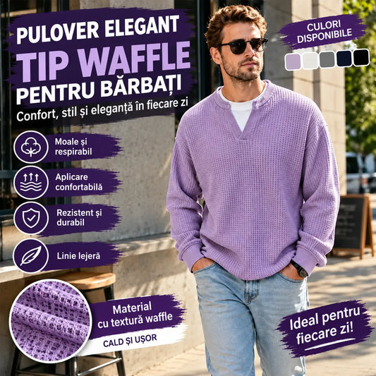 👚✨ Confort atemporal | Tricou bărbătesc cu mânecă lungă, textură tip fagure și efect de suprapunere a straturilor