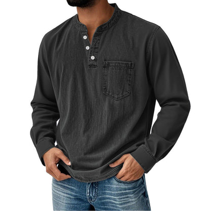 Cămașă din denim pentru bărbați, cu mâneci lungi, decolteu în V și buzunar
