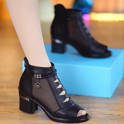 🤩【⚡Reducere de 50% pentru o perioadă limitată】👠【35～41】2026 Sandale noi, elegante și confortabile, din plasă, gură de pește, cu toc gros