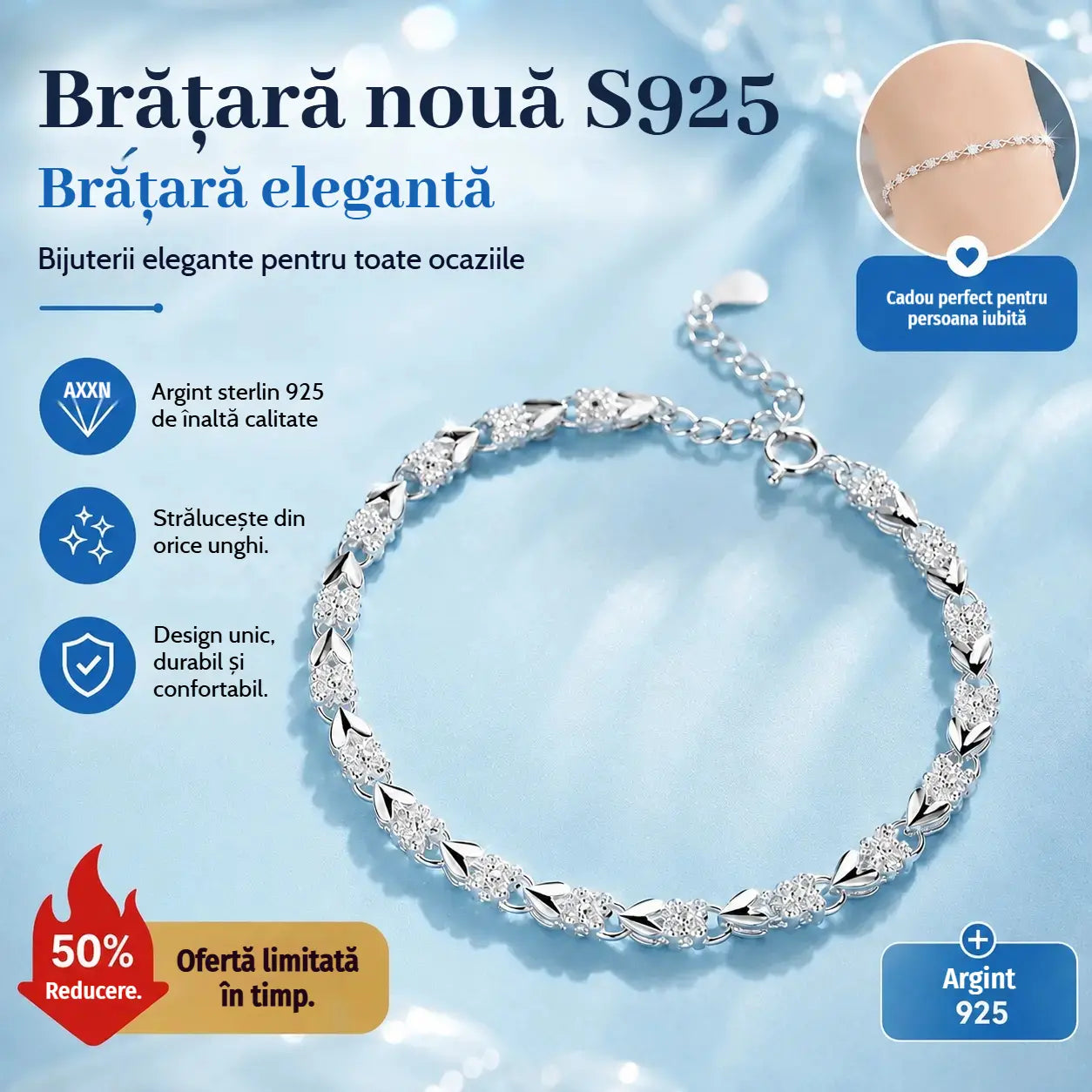💖🍀Brățară de mână pentru femei, din argint sterling 925, cu trifoi cu patru foi, Love New Fashion【50%OFF】